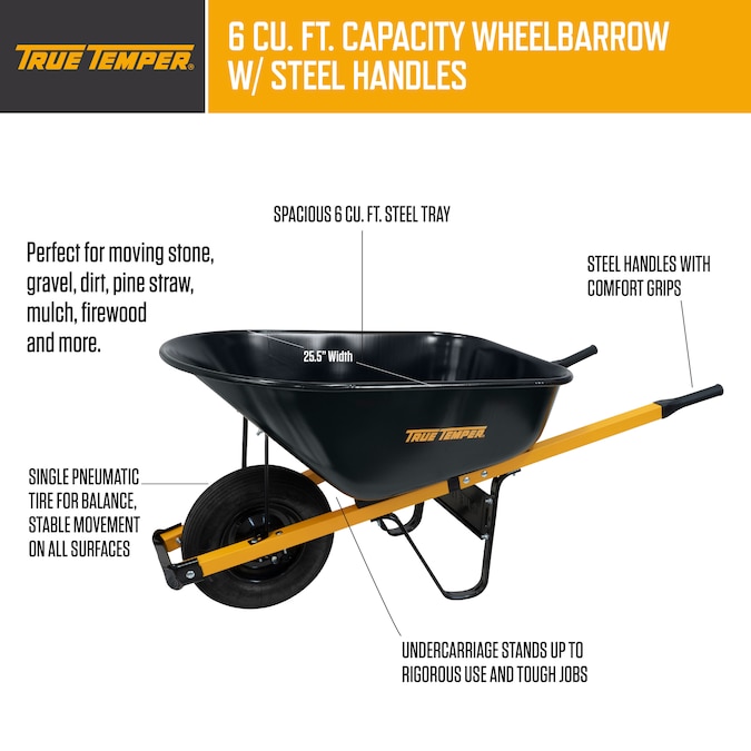 True Temper 6-cu ft 1 Wheel Steel Push Wheelbarrow - Image 7