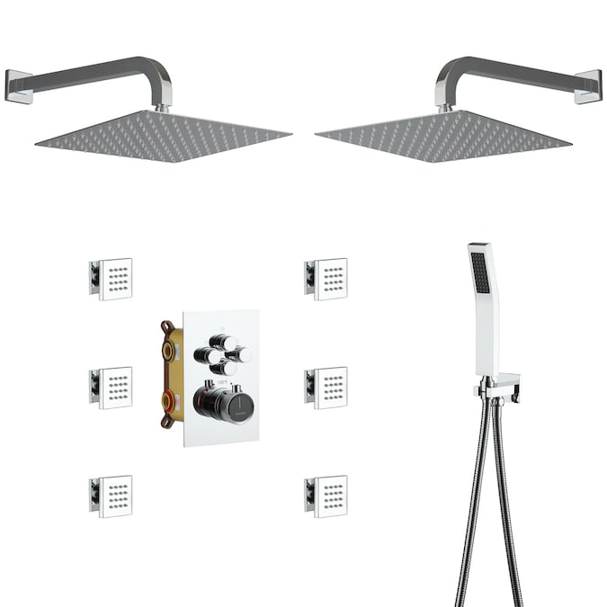 CASAINC Chrome 12-in Dual Head Built-In Shower Faucet System with 4-way Diverter (Thermostatic Valve Included)