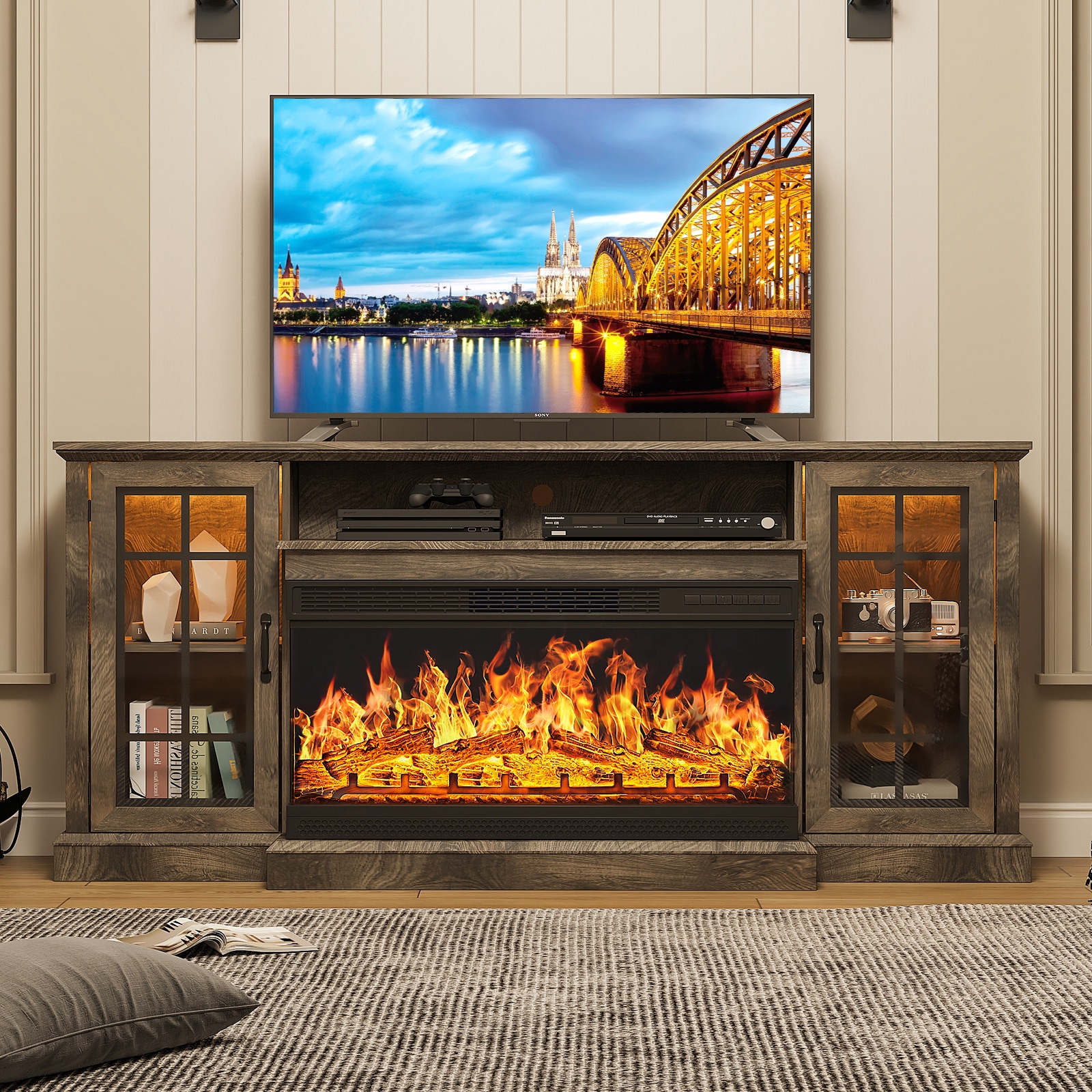 70-Inches W Gray TV Stand with LED Flat wall Electric Fireplace with Remote Control Included - Image 8
