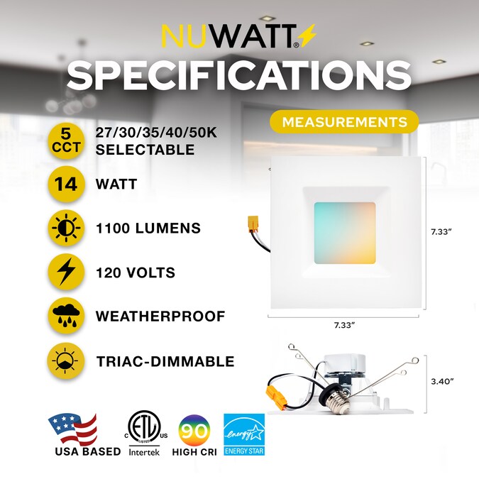 NUWATT 2700K-5000K Square Trim Selectable Retrofit White 6-in 1100-Lumen Switchable Square Dimmable LED Canless Shower Recessed Downlight (12-Pack) - Image 2