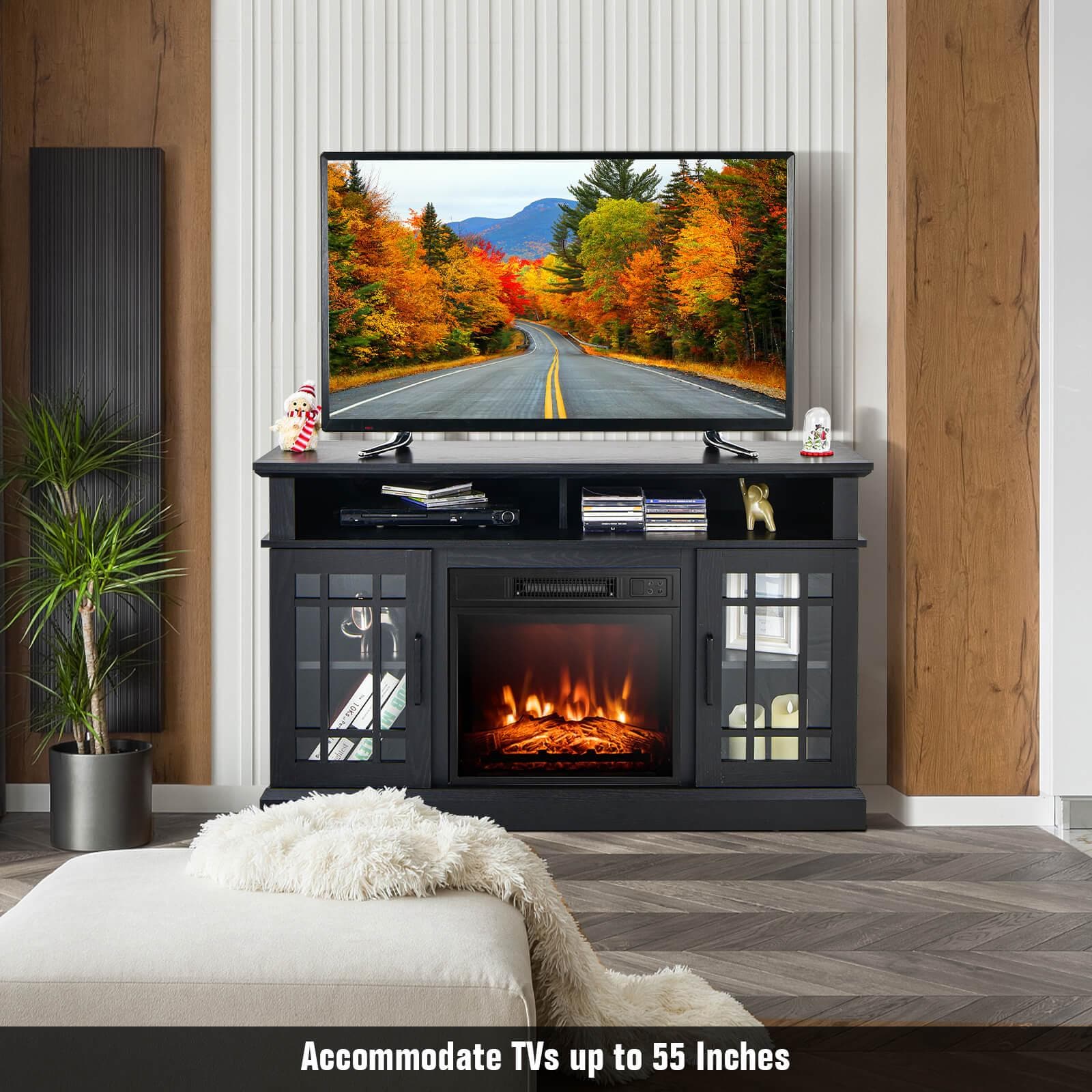 48-in W Black TV Stand with Fan-forced Corner or flat wall Electric Fireplace with Remote Control Included - Image 9