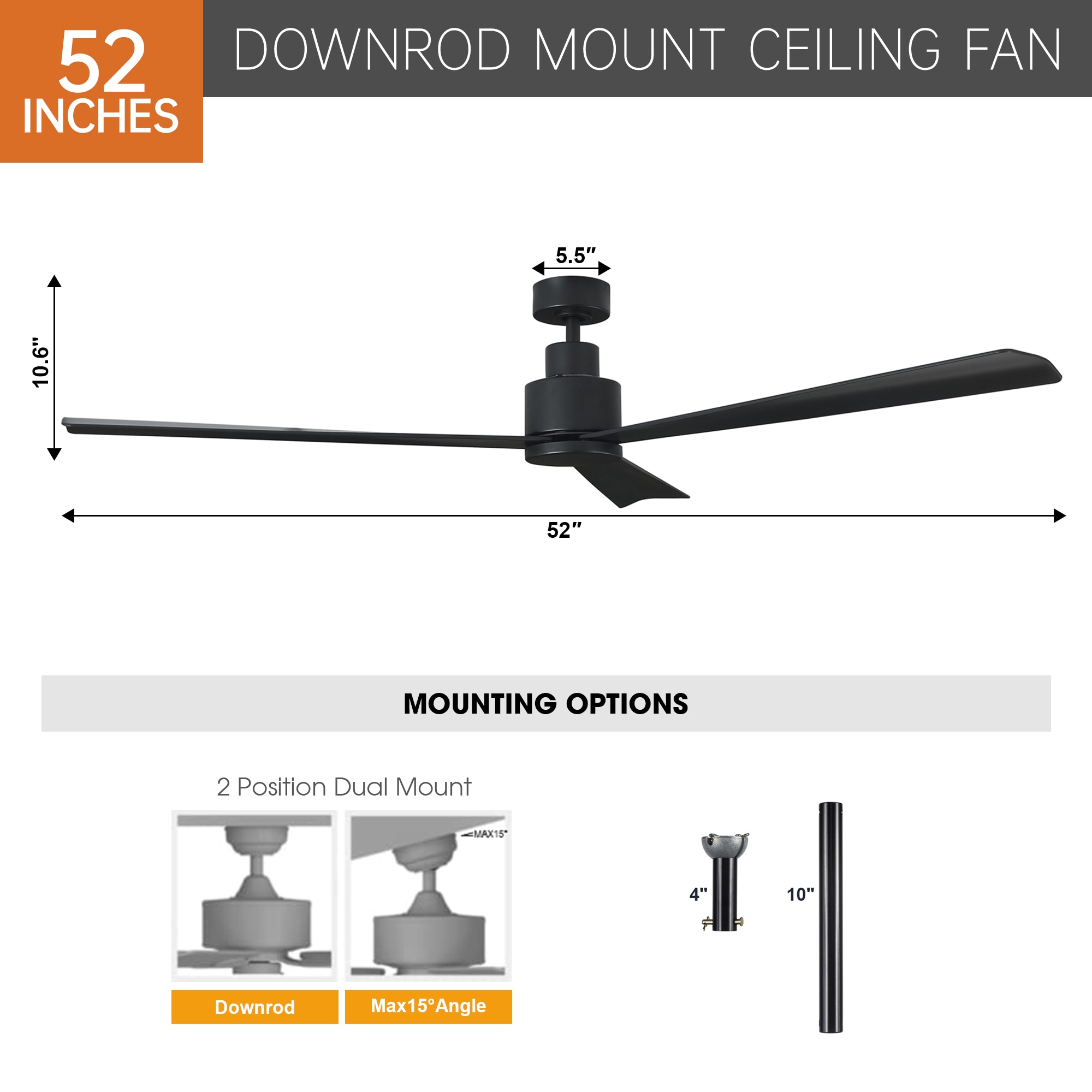 52-in Outdoor Matte Black with Black Blades Ceiling Fan Without Light - Remote Included ( 3 -Blade ) - Image 5