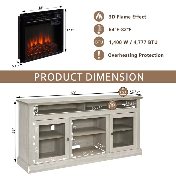 Sunrinx 60-in W Gray TV Stand with Fan-forced Flat Wall Electric Fireplace with Remote Control Included - Image 9