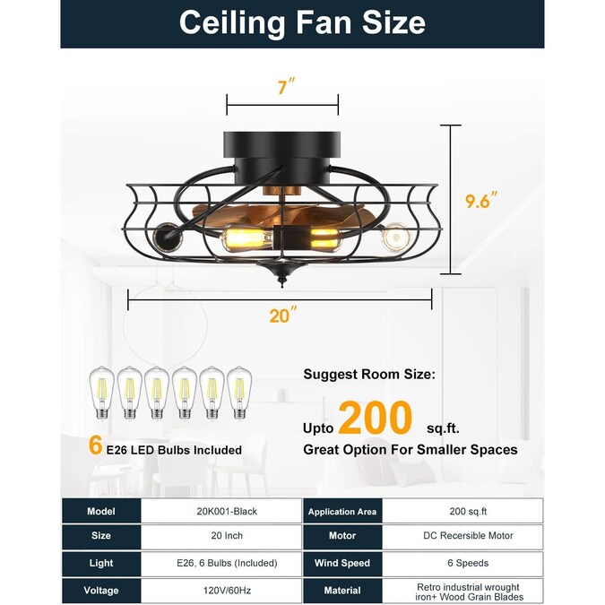 Bayfeve 20-in Black with Brown Wood Grain Blades LED Indoor/Outdoor Flush Mount Fandelier Ceiling Fan with Light and Remote (7-Blade) - Image 7