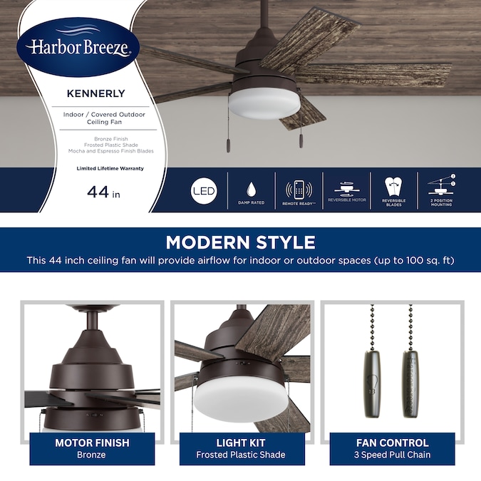 Harbor Breeze Kennerly 44-in Bronze with Gray Wash/Cocoa Blades LED Indoor/Outdoor Ceiling Fan with Light (5-Blade) - Image 4