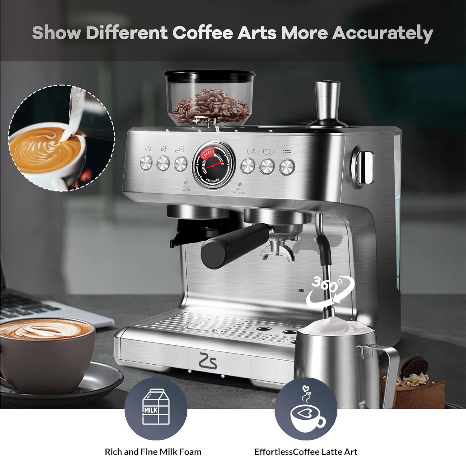 Semi-automatic espresso machine with grinder and milk frother 20 bar professional pressure large 95 oz removable water tank - Image 3