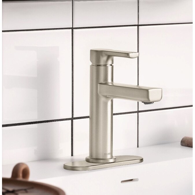 Moen Rinza Spot Resist Brushed Nickel Single Hole 1-Handle WaterSense Bathroom Sink Faucet with Drain and Deck Plate