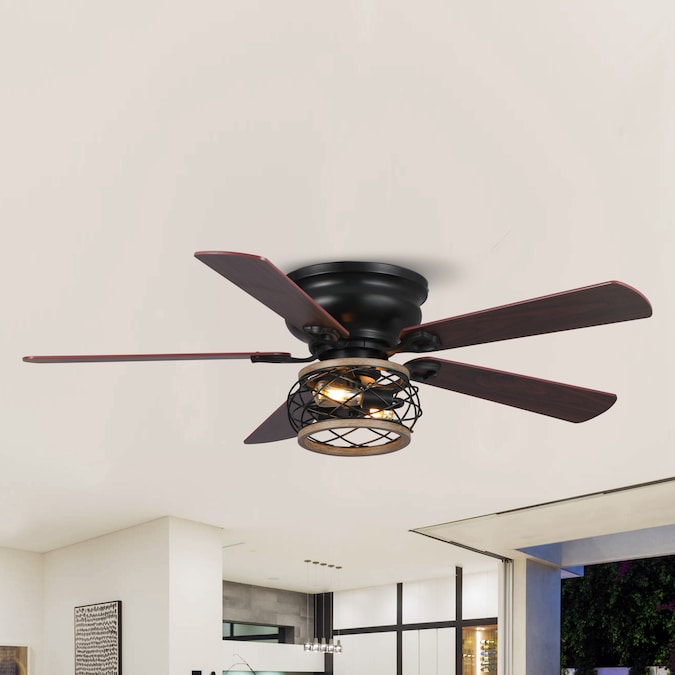 Parrot Uncle 48-in Matte Black with Dark Cherry and Driftwood Blades Indoor Flush Mount Ceiling Fan Light Kit Compatible and Remote (5-Blade)