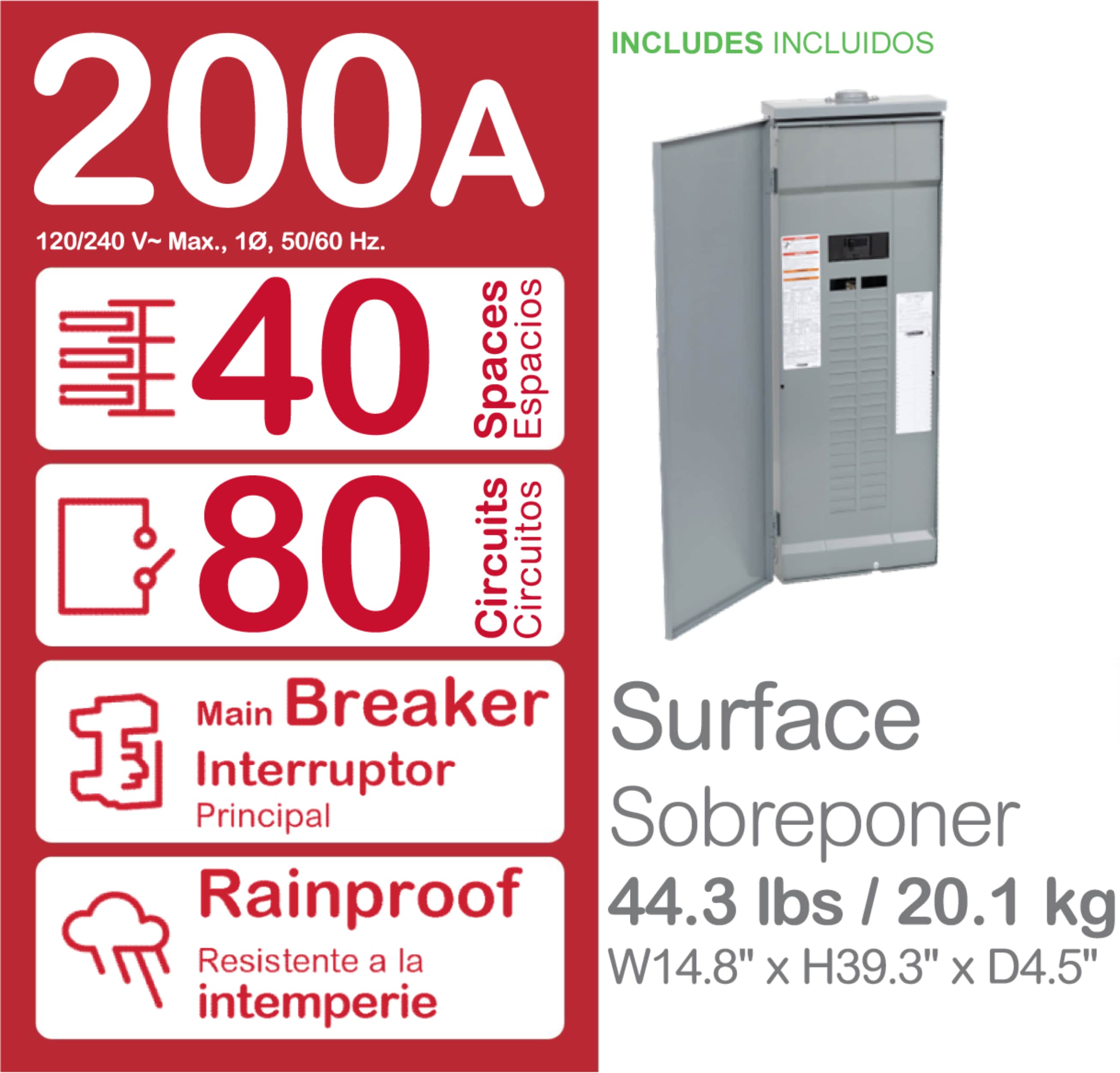 Homeline 200 -Amp 40 -Spaces 80 -Circuit Outdoor Main breaker Plug-On Neutral Load Center - Image 3