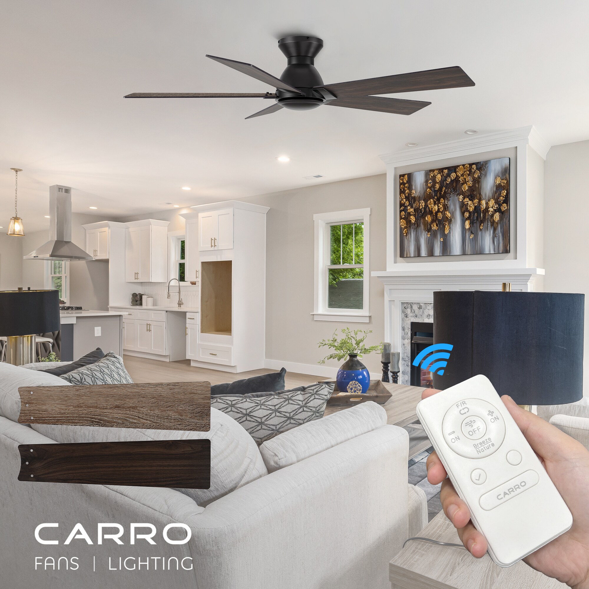 Vetric 52-in Flush Mount Black with Wooden/Walnut Blades Ceiling Fan Without Light - Remote Included ( 5 -Blade ) - Image 3