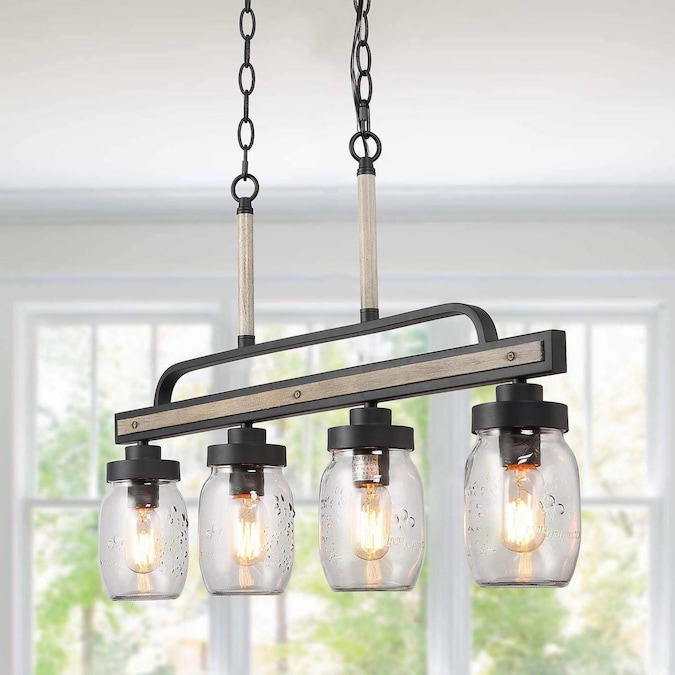 LNC Aries 4-Light Matte Black and Wood Texture Mason Jar Farmhouse Clear Glass Linear LED Large Hanging Kitchen Island Light
