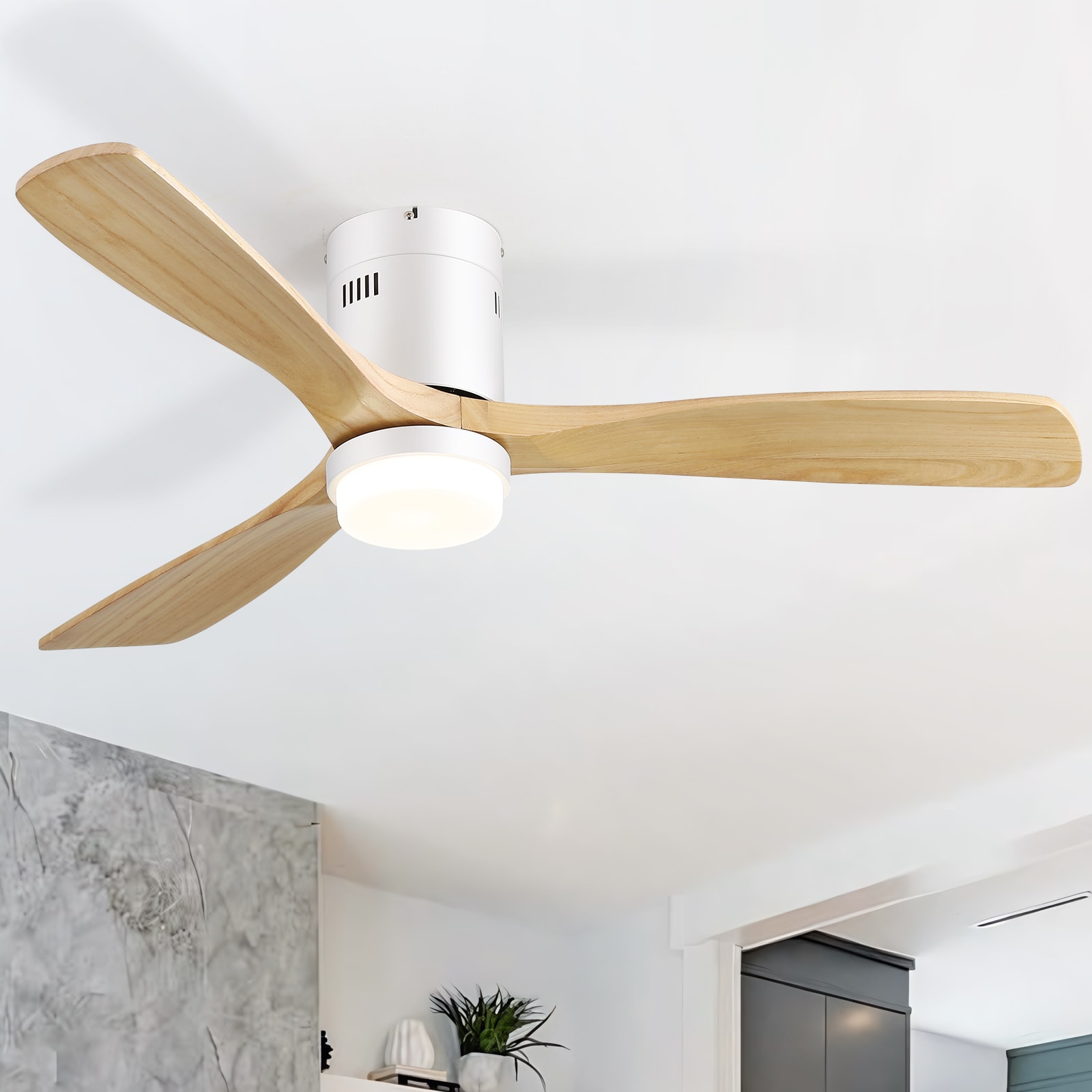 52-in Color-Changing Outdoor Flush Mount White with Burlywood Blades Ceiling Fan With Light - Remote Included ( 3 -Blade )