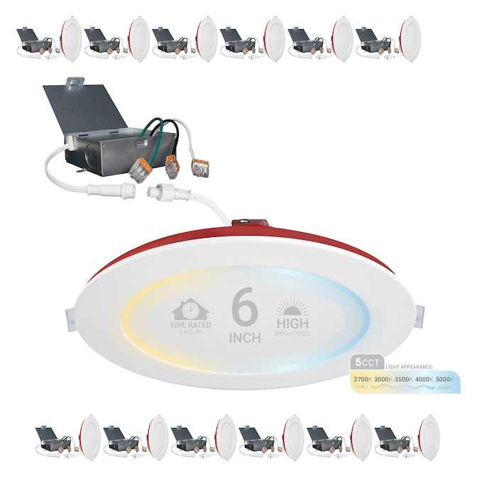 NUWATT 2 Hour Fire Rated Lights White 6-in 1200-Lumen Switchable Round Dimmable LED Canless Damp Rated Recessed Downlight (12-Pack)