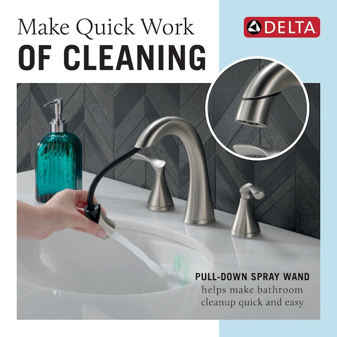 Delta Sandover Pulldown Spotshield Brushed Nickel Widespread 2-Handle WaterSense Pull-down Bathroom Sink Faucet with Drain - Image 3