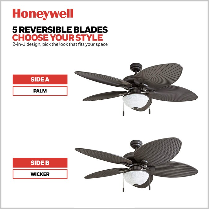 Honeywell Inland Breeze 52-in Bronze with Bronze Palm Leaf/Bronze Wicker Blades LED Indoor/Outdoor Downrod or Flush Mount Ceiling Fan with Light (5-Blade) - Image 5