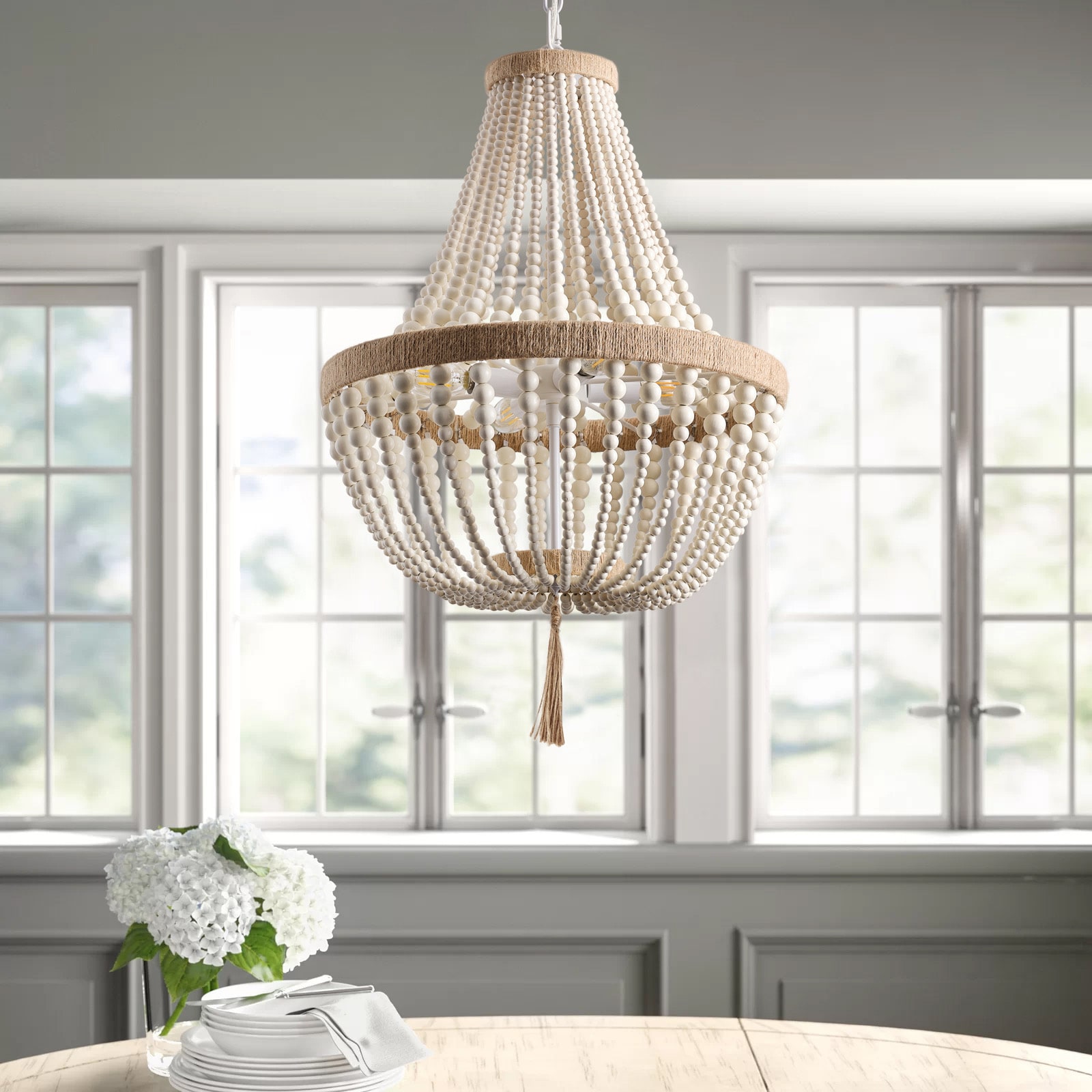 4 -Light White Farmhouse Beaded For Use in Bedrooms, Dining Rooms, Foyers, Kitchens, Living Rooms Chandelier