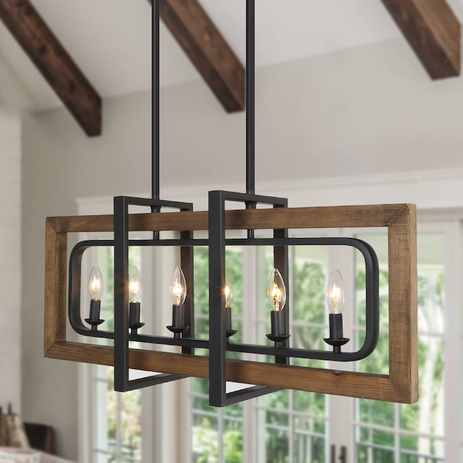 LNC Titus 6-Light 31.5-in Matte black and brown wood Farmhouse Linear LED Large Hanging Kitchen Island Light