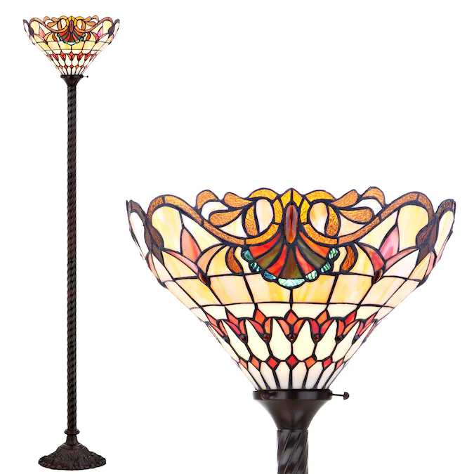 JONATHAN  Y Davis Tiffany-Style Stained Glass/Iron Traditional 70-in Bronze Torchiere Floor Lamp