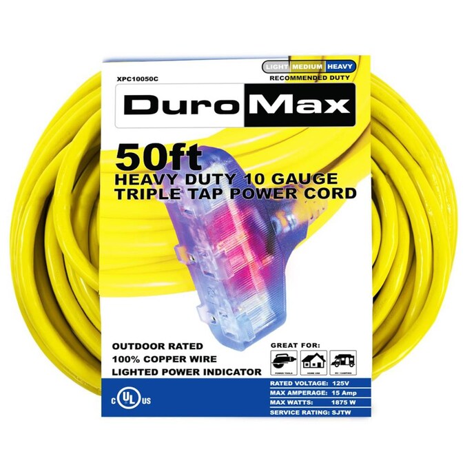 DuroMax 50-ft 10/3 3 Prong Yellow Indoor/Outdoor Heavy Duty Lighted ExtenSion Cord