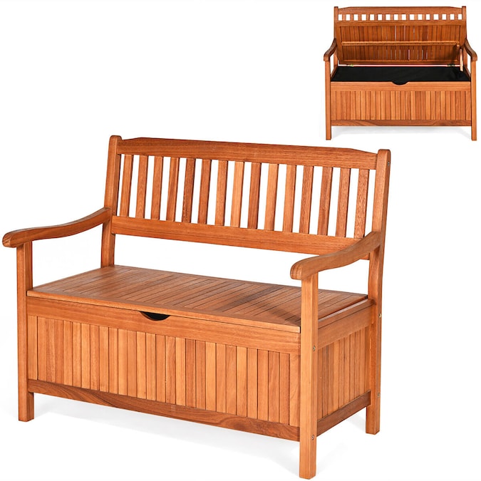 Costway The bench with large storage space is good for your sundries. Made of premium eucalyptus, the frame of bench is sturdy and has strong load capacity. And the spacious space is large enough for 2 people sitting together.