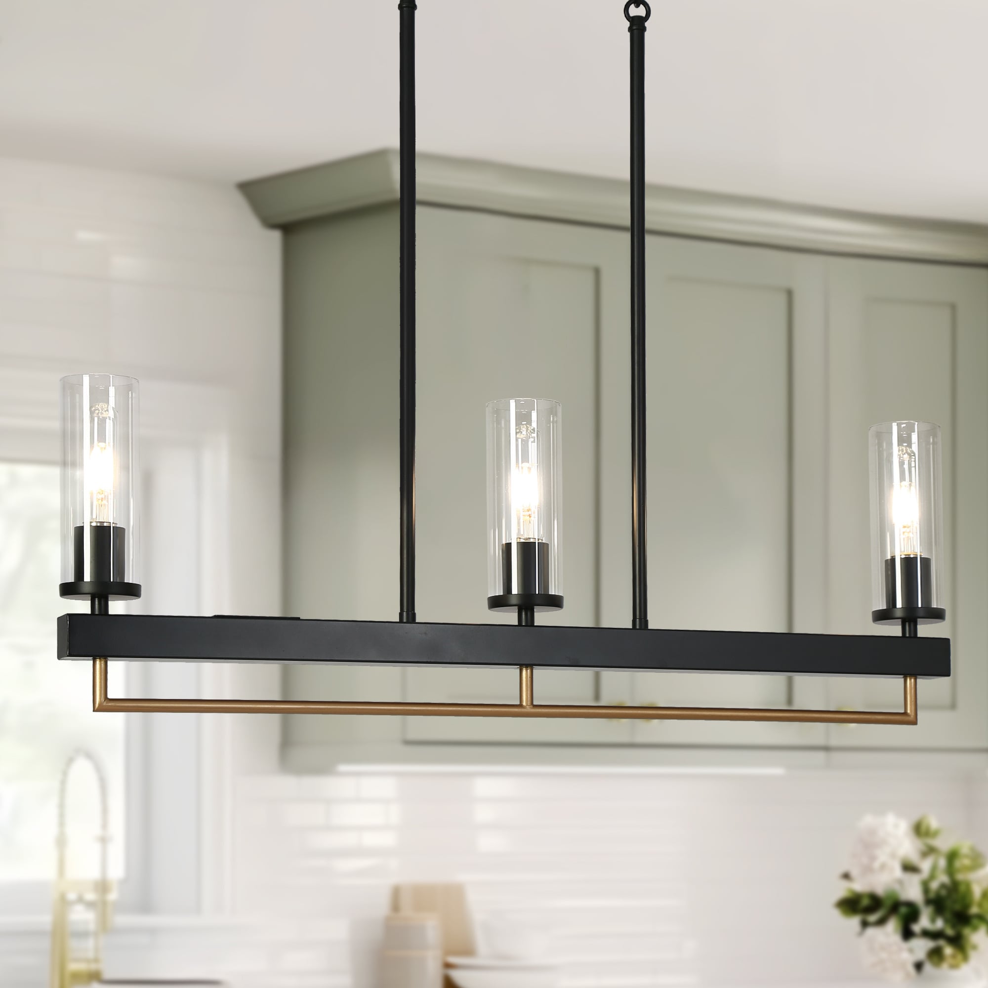 Eclatier 3 -Light Farmhouse Matte Black/Polished Gold Modern/contemporary Clear glass Linear Medium Hanging Kitchen island light