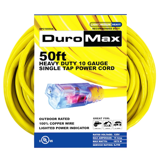DuroMax 50-ft 10/1 3 Prong Yellow Indoor/Outdoor Heavy Duty Lighted ExtenSion Cord