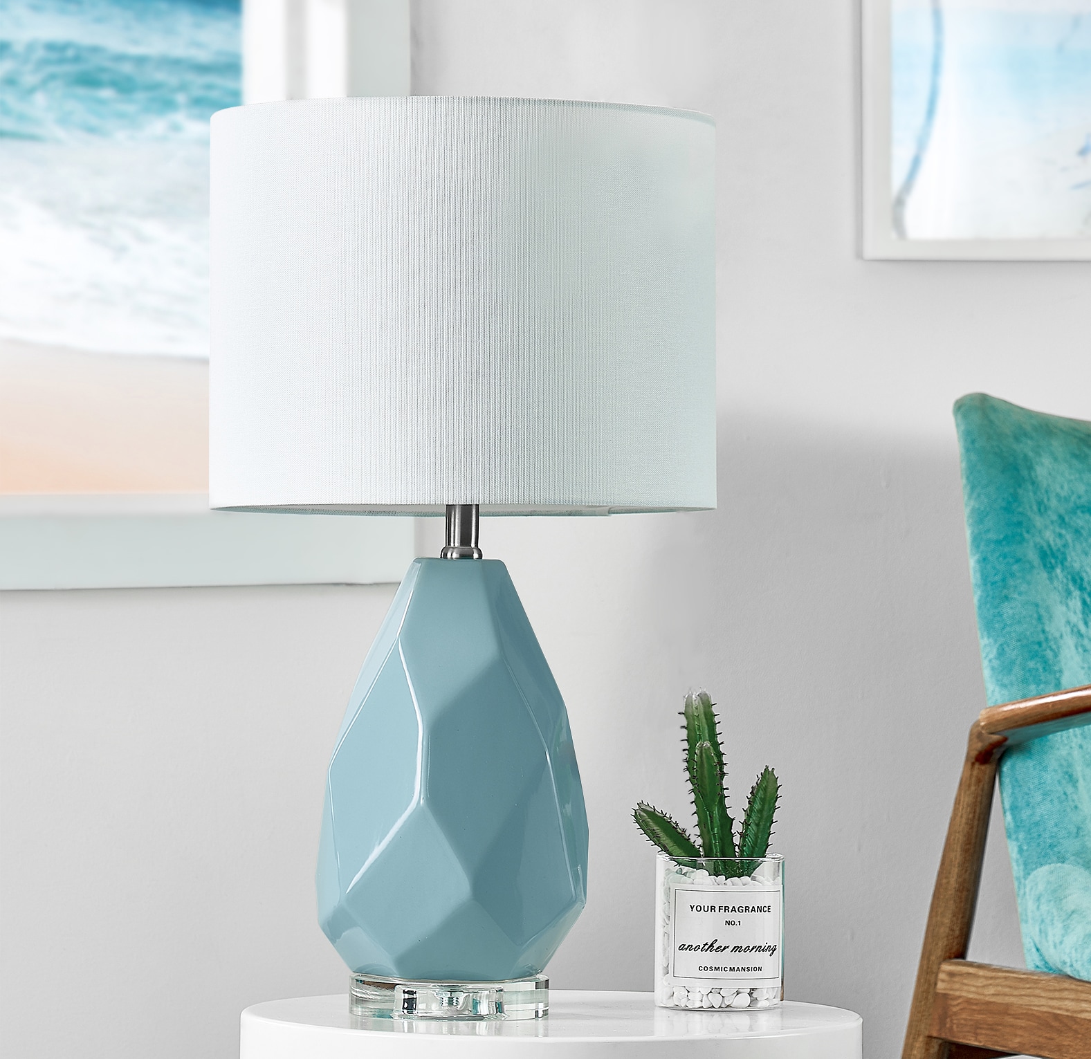 Deluxe 23-in Blue LED Incandescent Rotary socket Table Lamp with Linen Shade