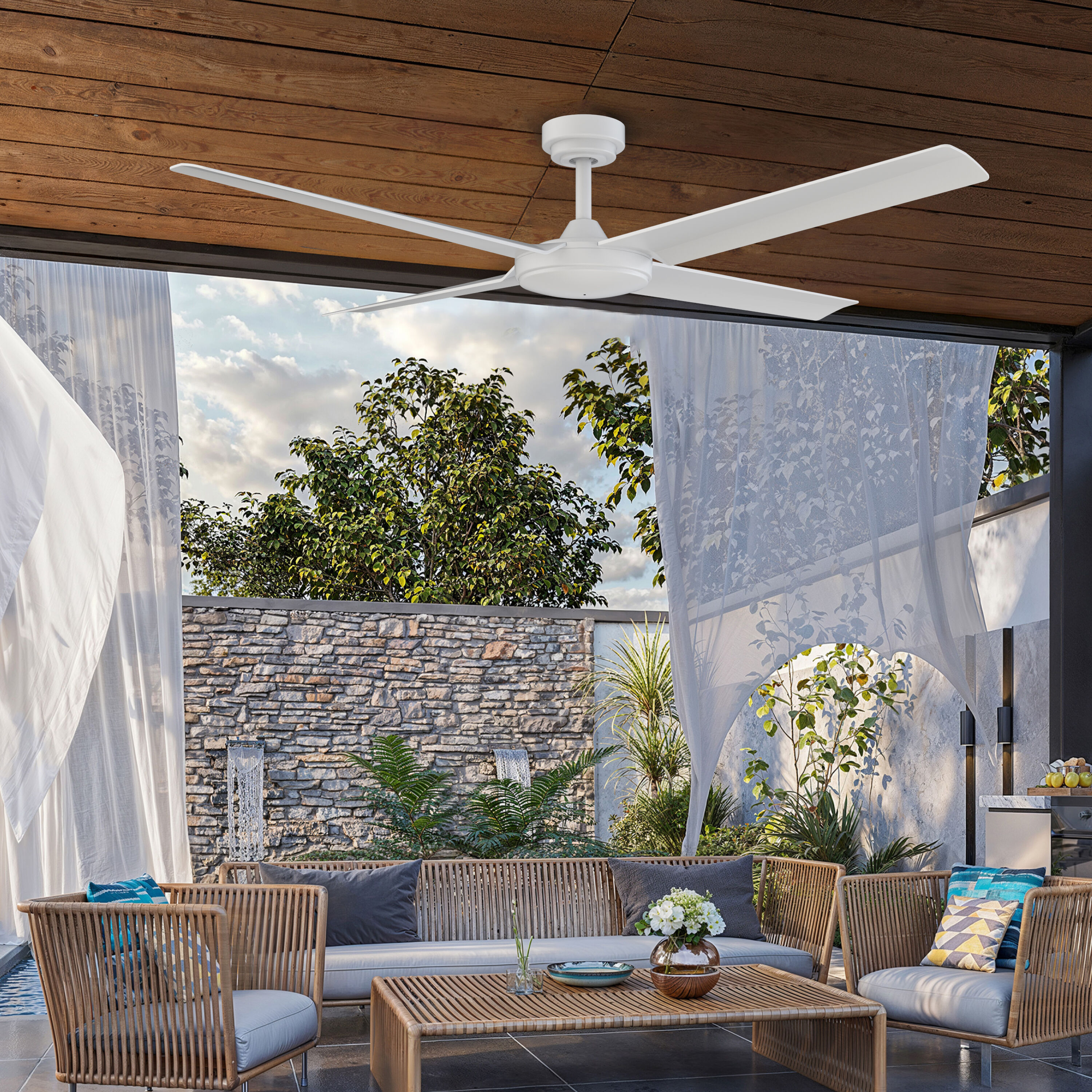 Laritza 56-in Outdoor Matte White with Matte White Blades Ceiling Fan Without Light - Remote Included ( 4 -Blade )