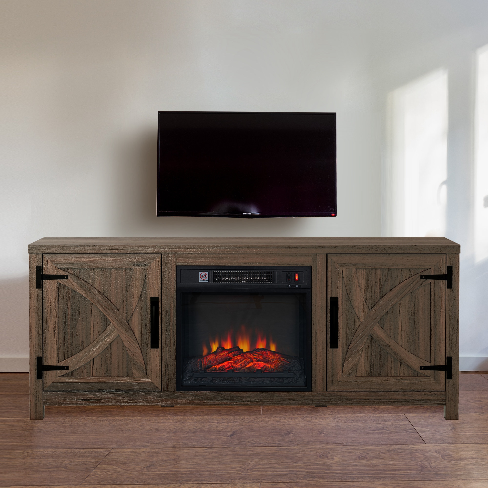 58-Inches W Brown TV Stand with LED Corner or flat wall Electric Fireplace