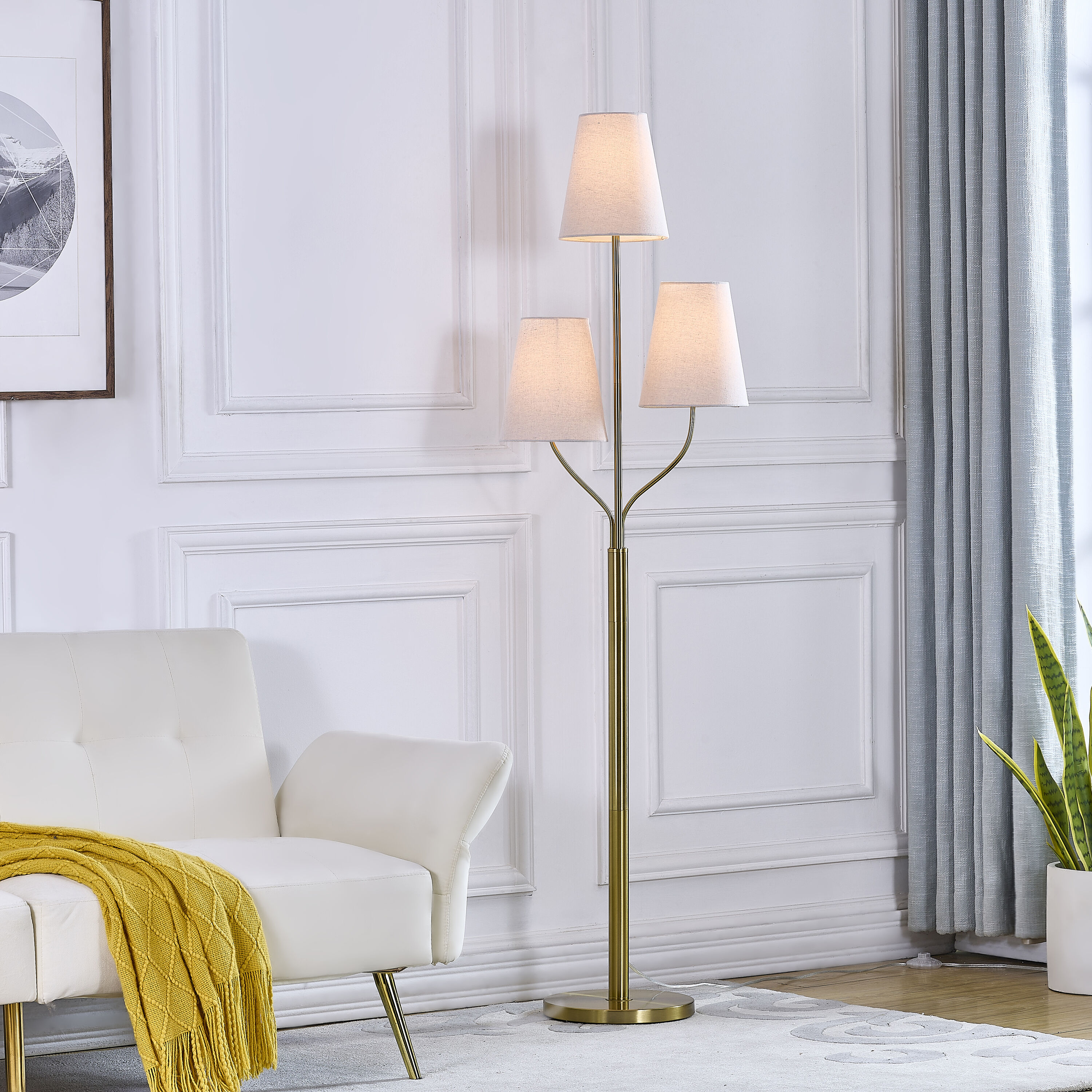 Attractive 65-Inches Electroplated Bronze and White Multi-head Floor Lamp with Linen Shade