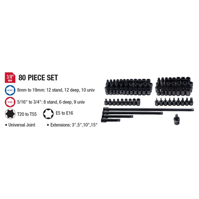 SUNEX TOOLS 80-Piece Standard (SAE) and Metric 3/8-in Drive Set 6-point Impact Socket Set - Image 7