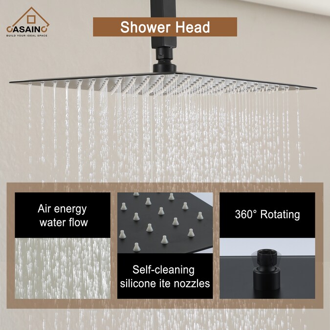 CASAINC Matte Black 10-in Waterfall Dual Head Built-In Shower Faucet System with 2-way Diverter (Pressure-balanced Valve Included) - Image 7