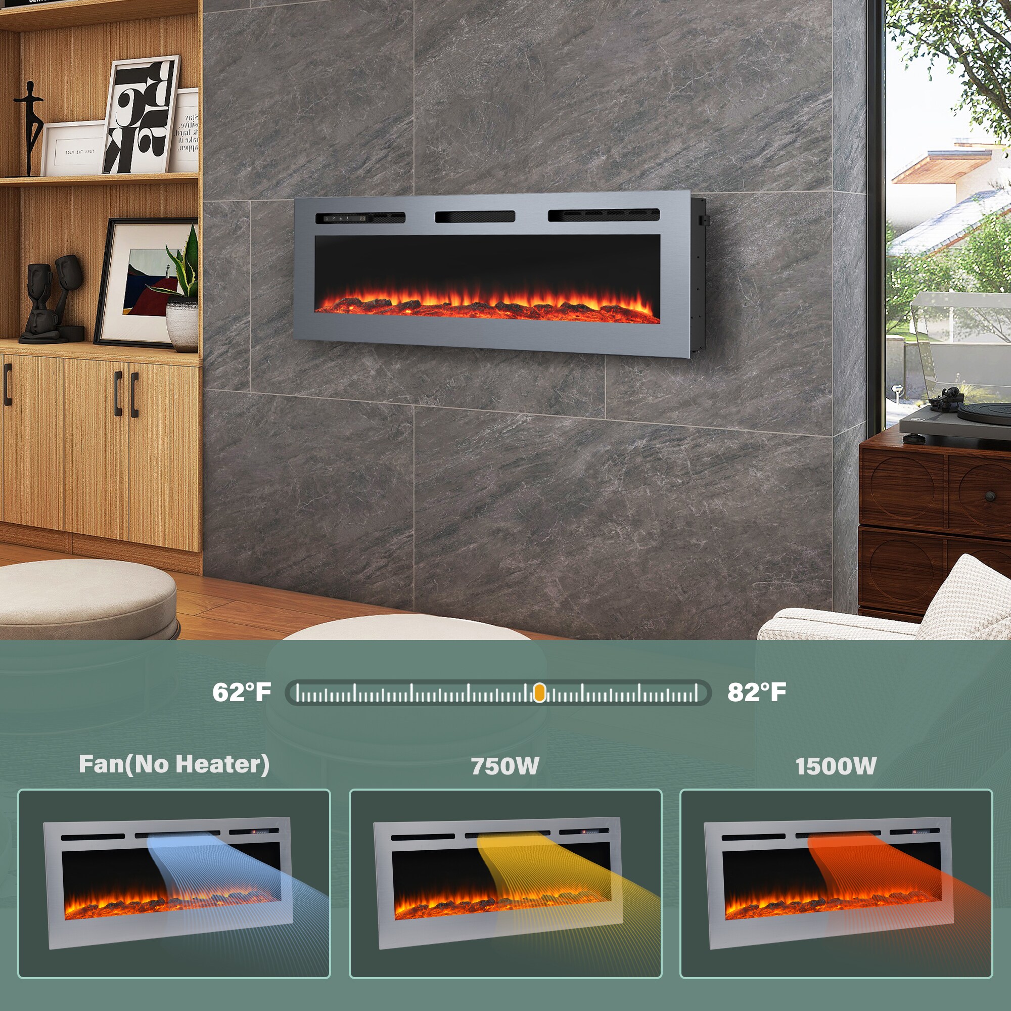 50-Inches W Stainless Steel Wall mount Fan-forced Wall-mount Electric Fireplace with Remote Control Included - Image 10