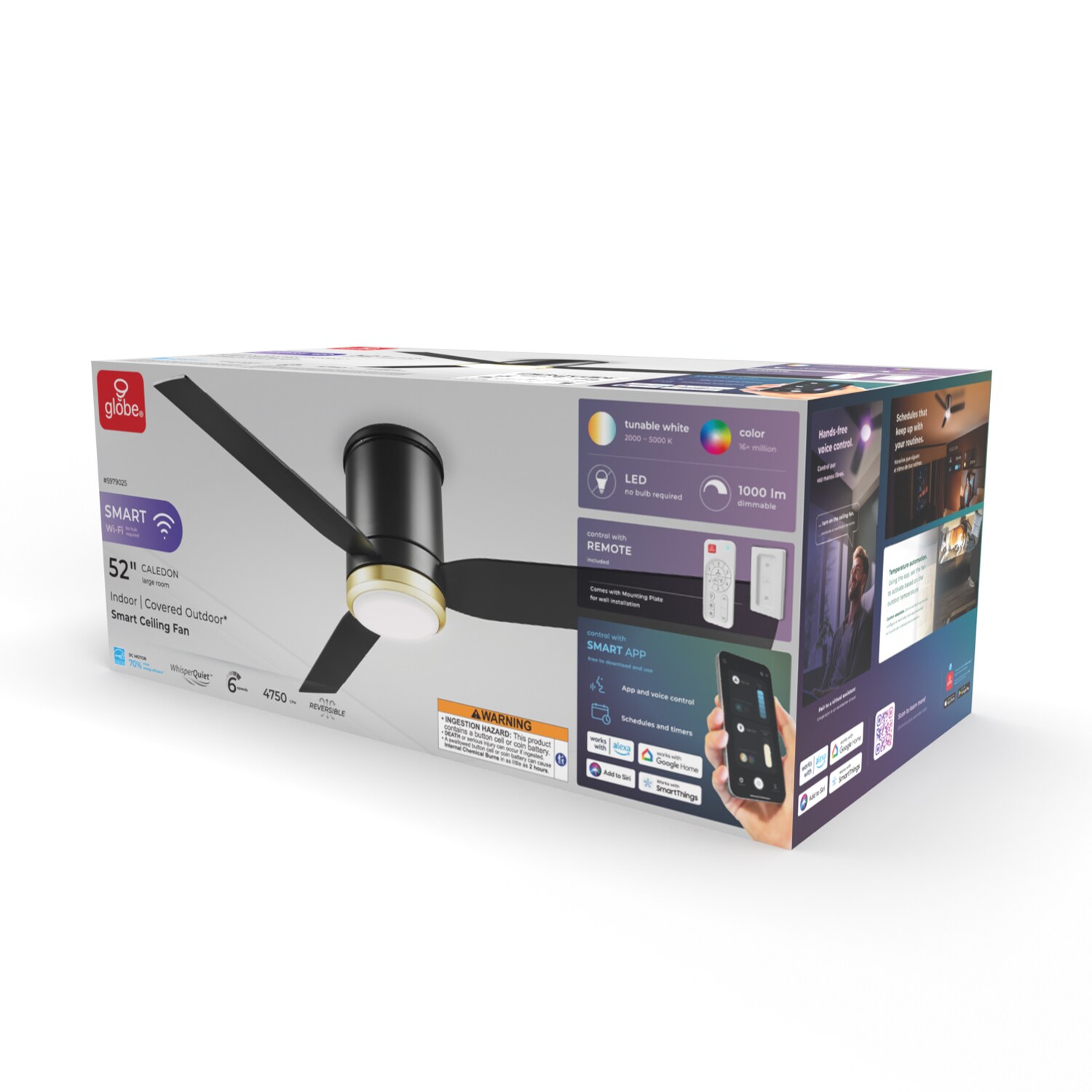 Caledon 52-in Color-Changing Integrated LED Outdoor Flush Mount Smart Black/Brushed Gold with Black Blades Ceiling Fan With Light - Remote Included ( 3 -Blade ) - Image 13