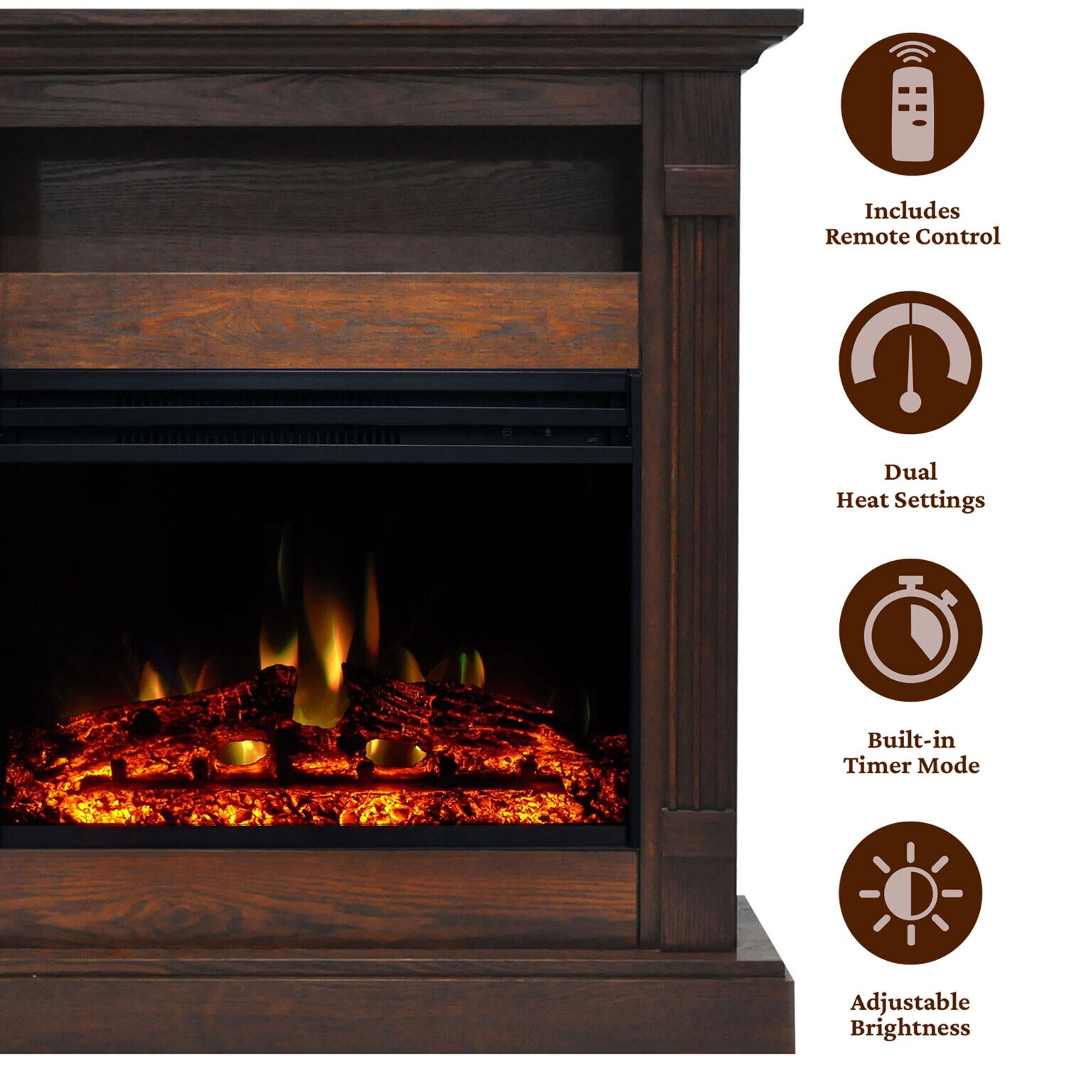 33.9-in W Walnut Free standing Fan-forced Flat wall Electric Fireplace with Remote Control Included - Image 2