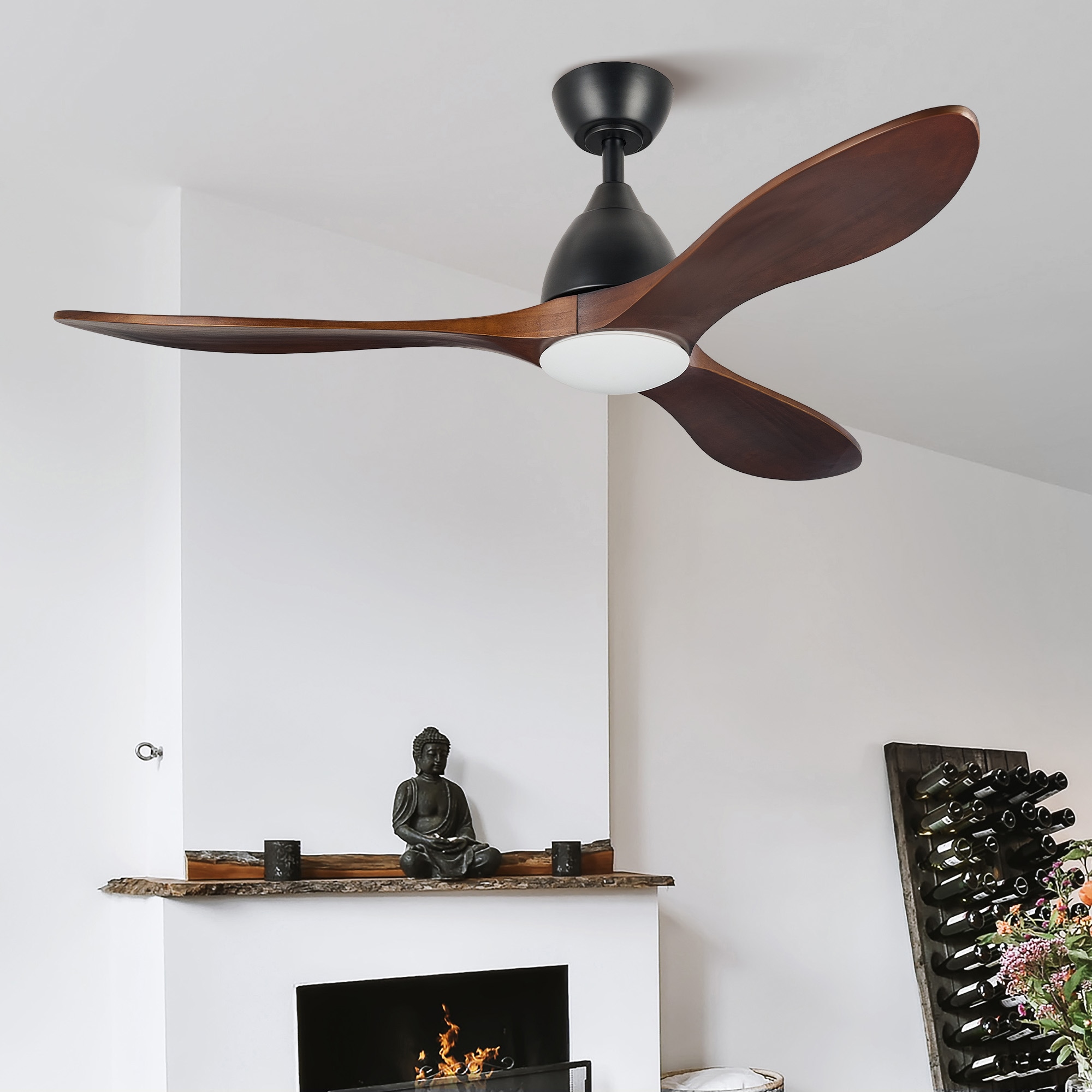 52-in Color-Changing Integrated LED Smart Matte Black with Brown Wood Grain Blades Ceiling Fan With Light - Remote Included ( 3 -Blade )