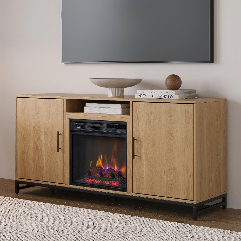 56-Inches W White Oak TV Stand with Infrared quartz Flat wall Electric Fireplace with Remote Control Included - Image 4