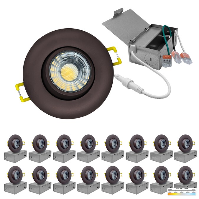 NUWATT Canless Adjustable Lens Gimbal Lights Bronze 3-in 600-Lumen Switchable Round Dimmable LED Canless Shower Recessed Downlight (16-Pack)