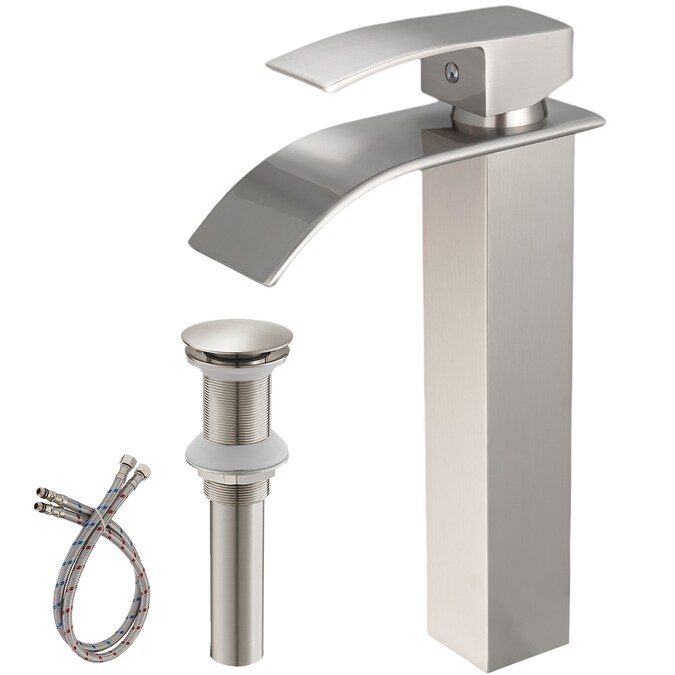 BWE Brushed Nickel Vessel 1-Handle WaterSense Waterfall Bathroom Sink Faucet with Drain