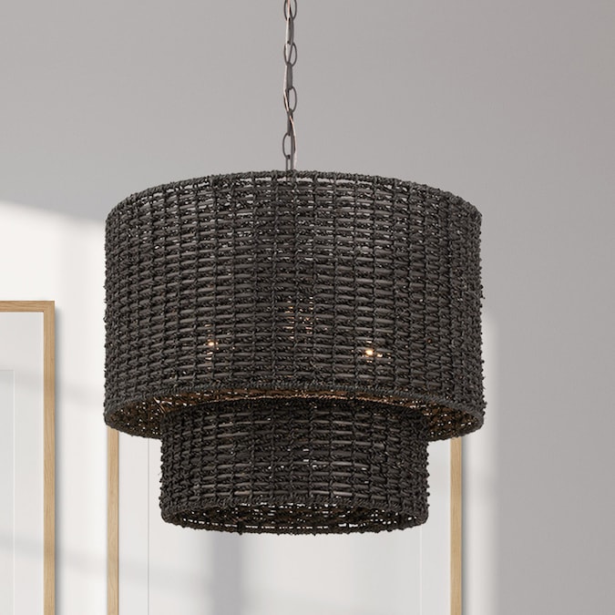 allen + roth Adara 3-Light Matte Black Traditional Drum Medium Hanging Pendant Light