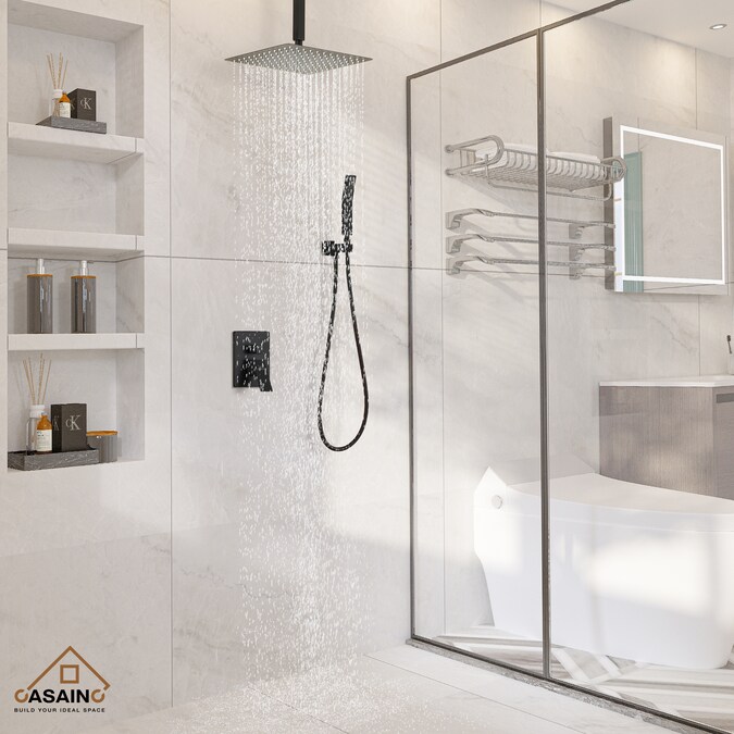 CASAINC Matte Black 10-in Waterfall Dual Head Built-In Shower Faucet System with 2-way Diverter (Pressure-balanced Valve Included) - Image 10