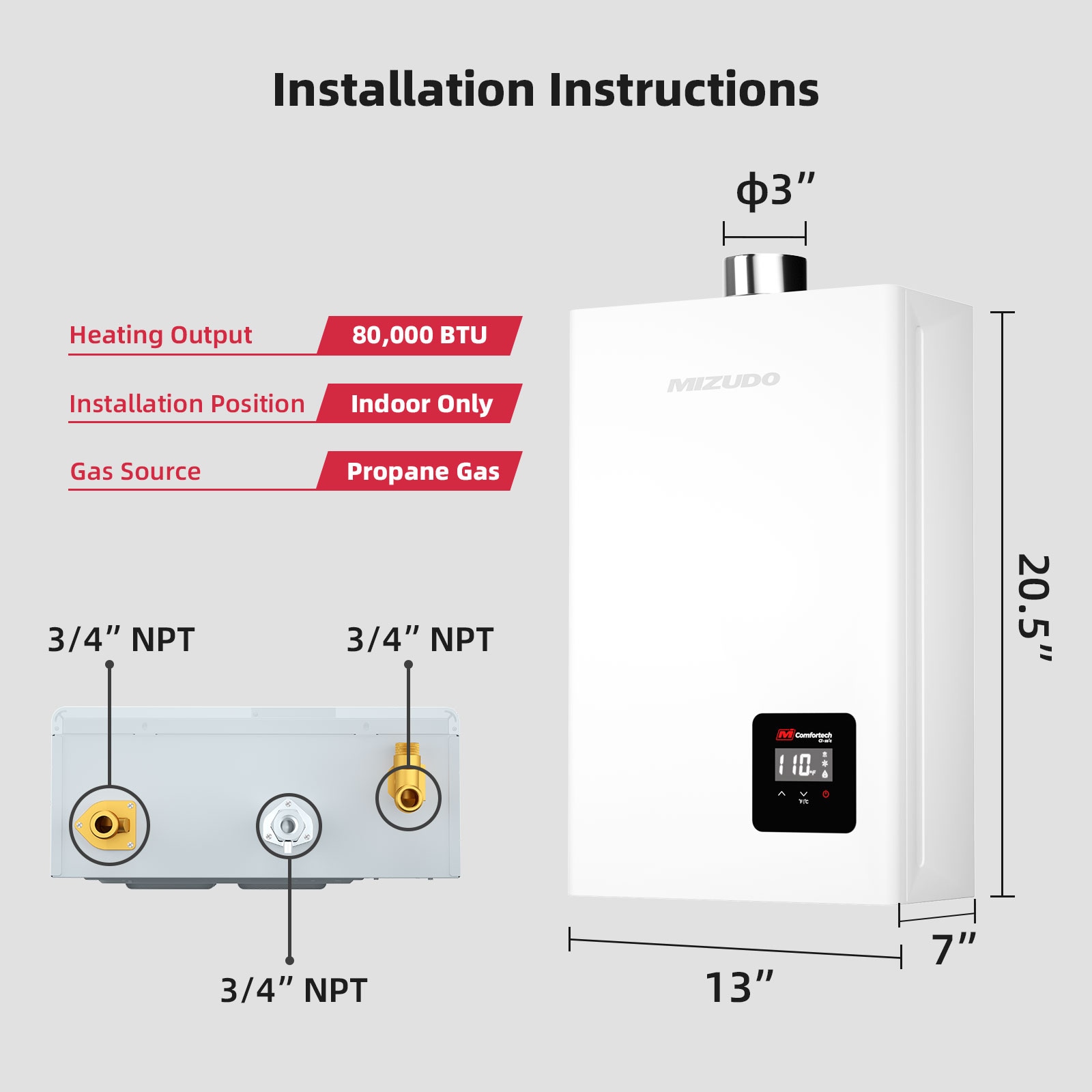 Propane Gas Tankless Water Heater, Indoor 3.6-GPM, 80,000-BTU Instant Hot Water Heater - Image 2
