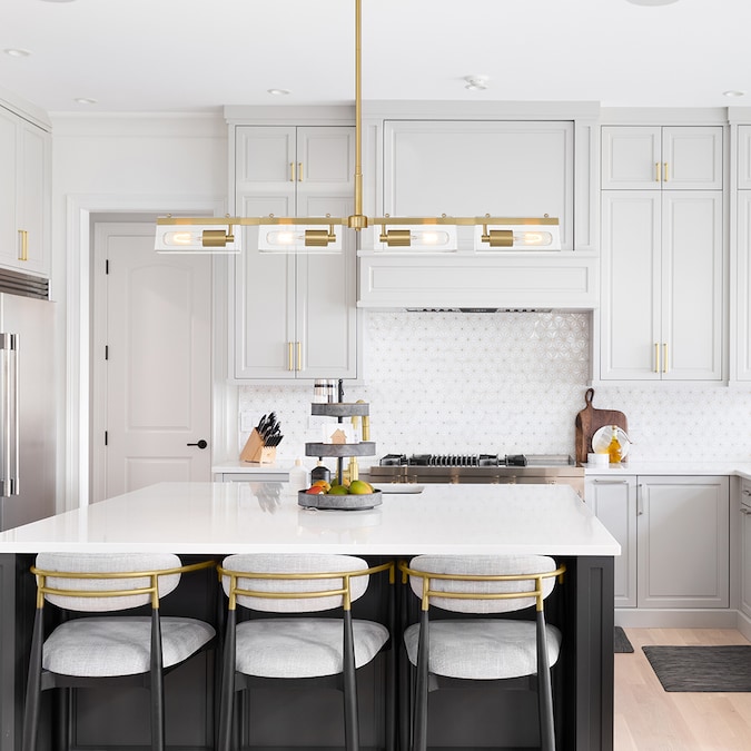 Designers Fountain Latitude 4-Light Brushed Gold Modern Clear Glass Linear Large Hanging Kitchen Island Light