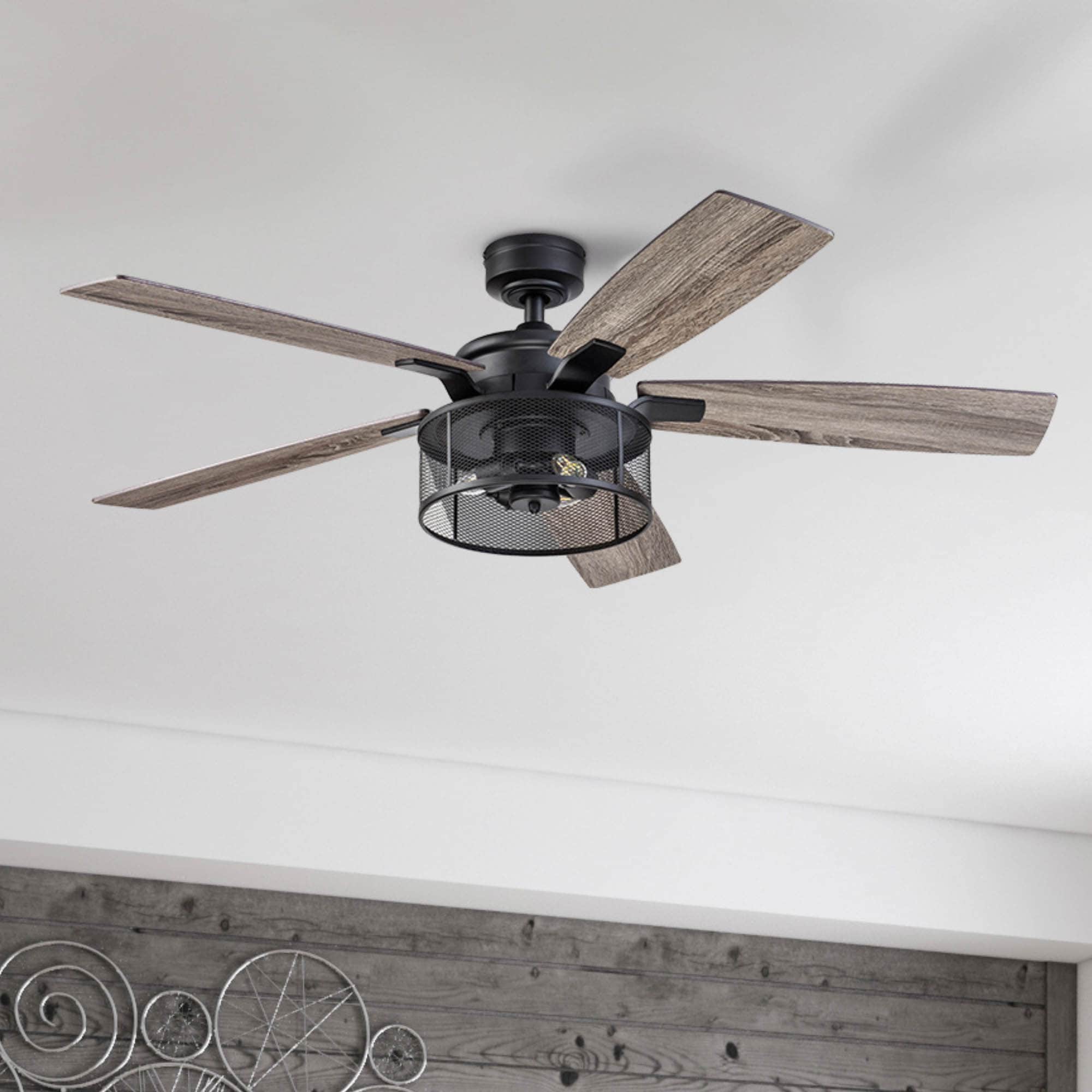 Carnegie 52-in Matte Black with Rough Pine/Dark Chestnut Blades Cage Ceiling Fan With Light - Remote Included ( 5 -Blade )