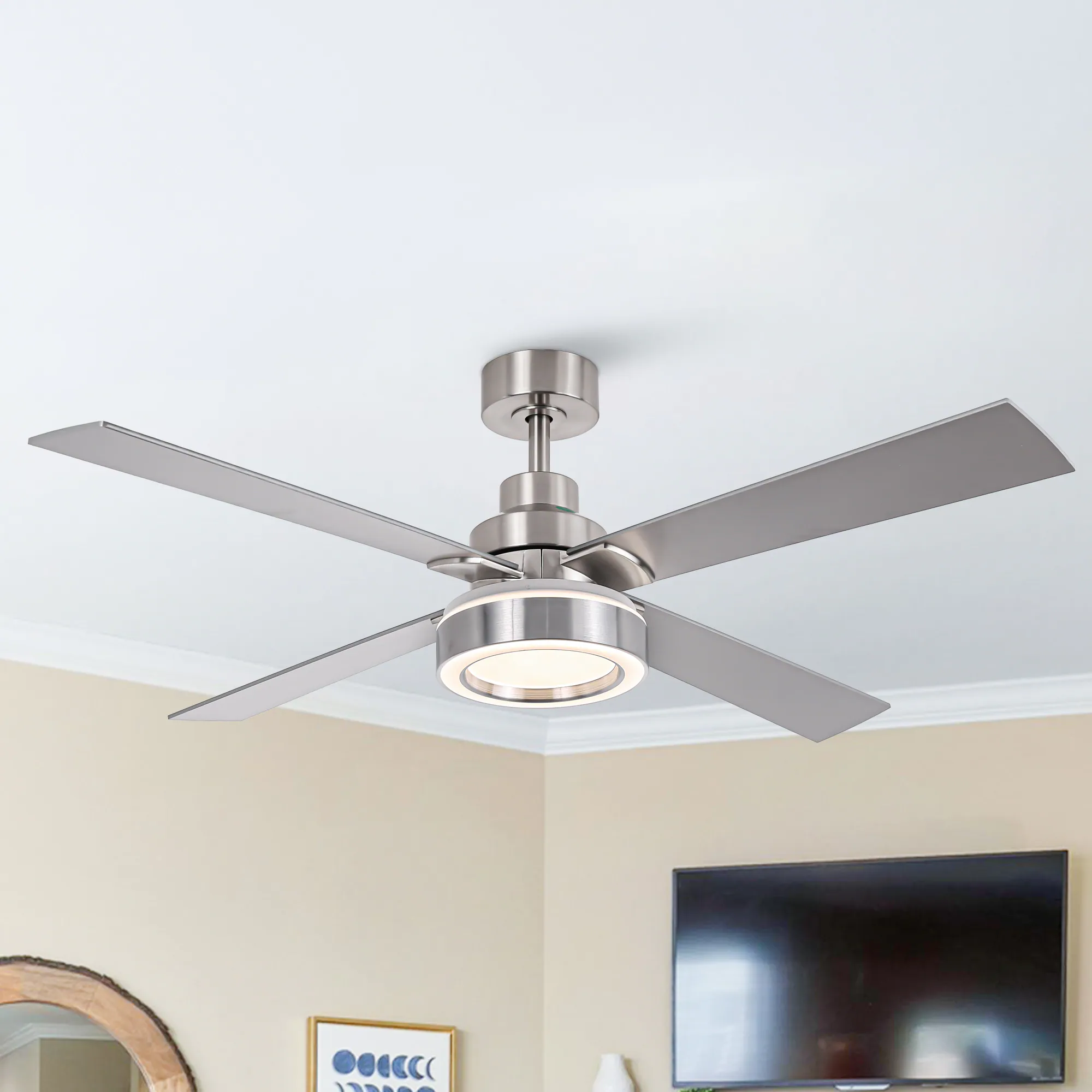 52-in Integrated LED Satin Nickel with Silver Blades Ceiling Fan With Light and Remote ( 4 -Blade )