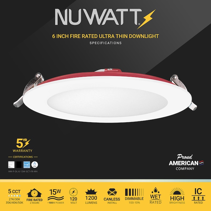 NUWATT 2 Hour Fire Rated Lights White 6-in 1200-Lumen Switchable Round Dimmable LED Canless Damp Rated Recessed Downlight (12-Pack) - Image 3