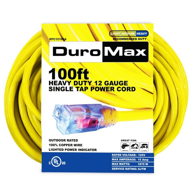 DuroMax 100-ft 12/1 3 Prong Yellow Indoor/Outdoor Heavy Duty Lighted ExtenSion Cord