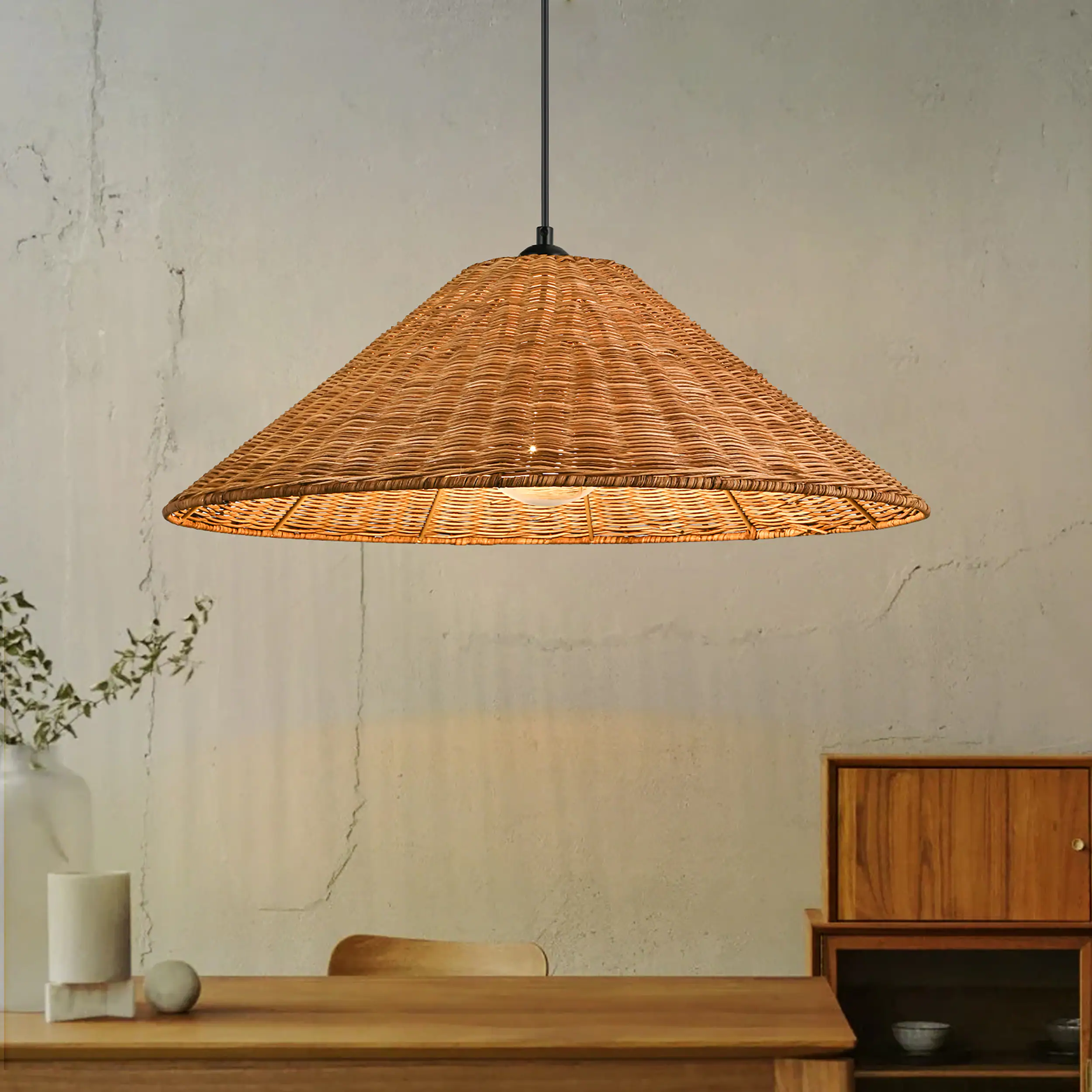 Natural Rattan Farmhouse Cone Large Hanging Pendant light