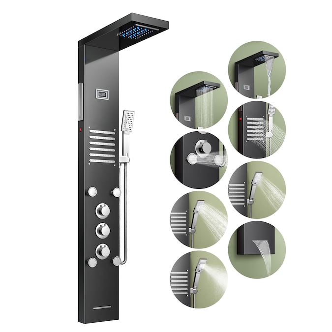 FORIOUS 55 in SP Black 20.08-in Waterfall Dual Head Shower Panel System with 3-way Diverter (Valve Included)