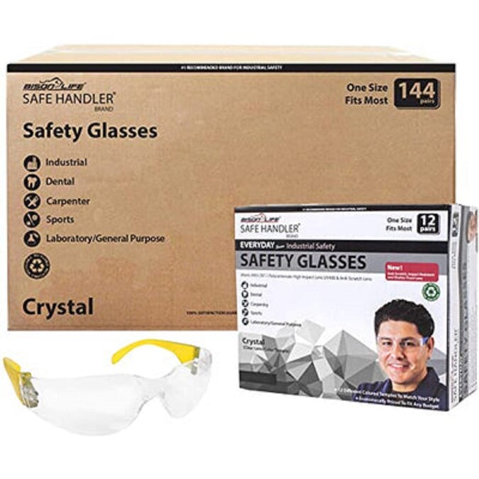 Safe Handler 144-Pack, Crystal Clear lens Yellow Temple Polycarbonate Safety Glasses